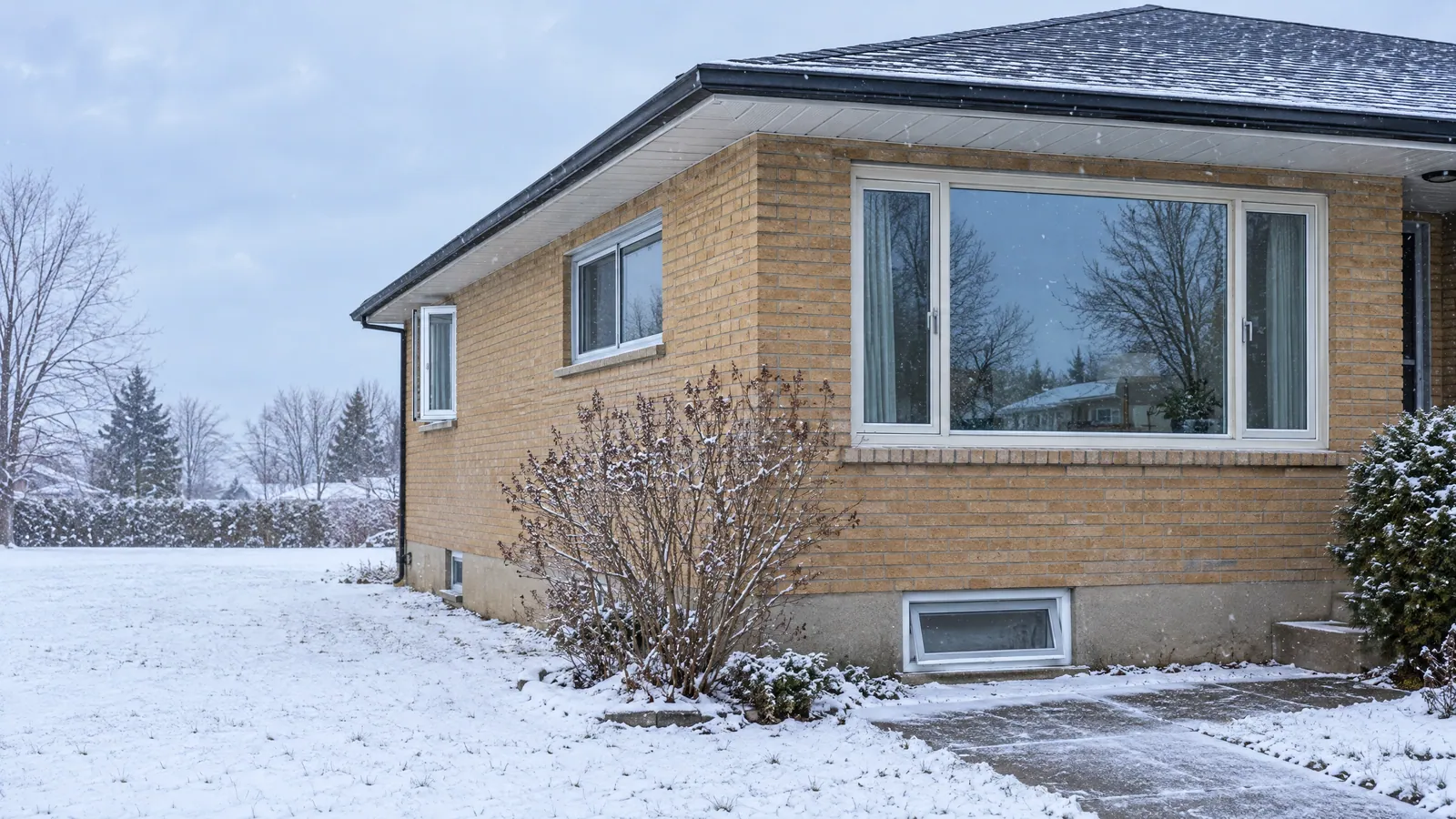 Buff-brick bungalow in light snow with three generations of windows: a large picture window, an old aluminum slider and a newer white vinyl casement