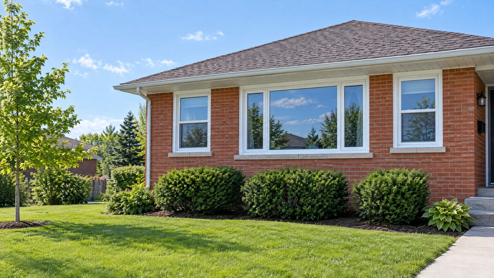 Red-brick bungalow in late spring with newly installed white vinyl windows: a wide picture window, casements and double-hung units