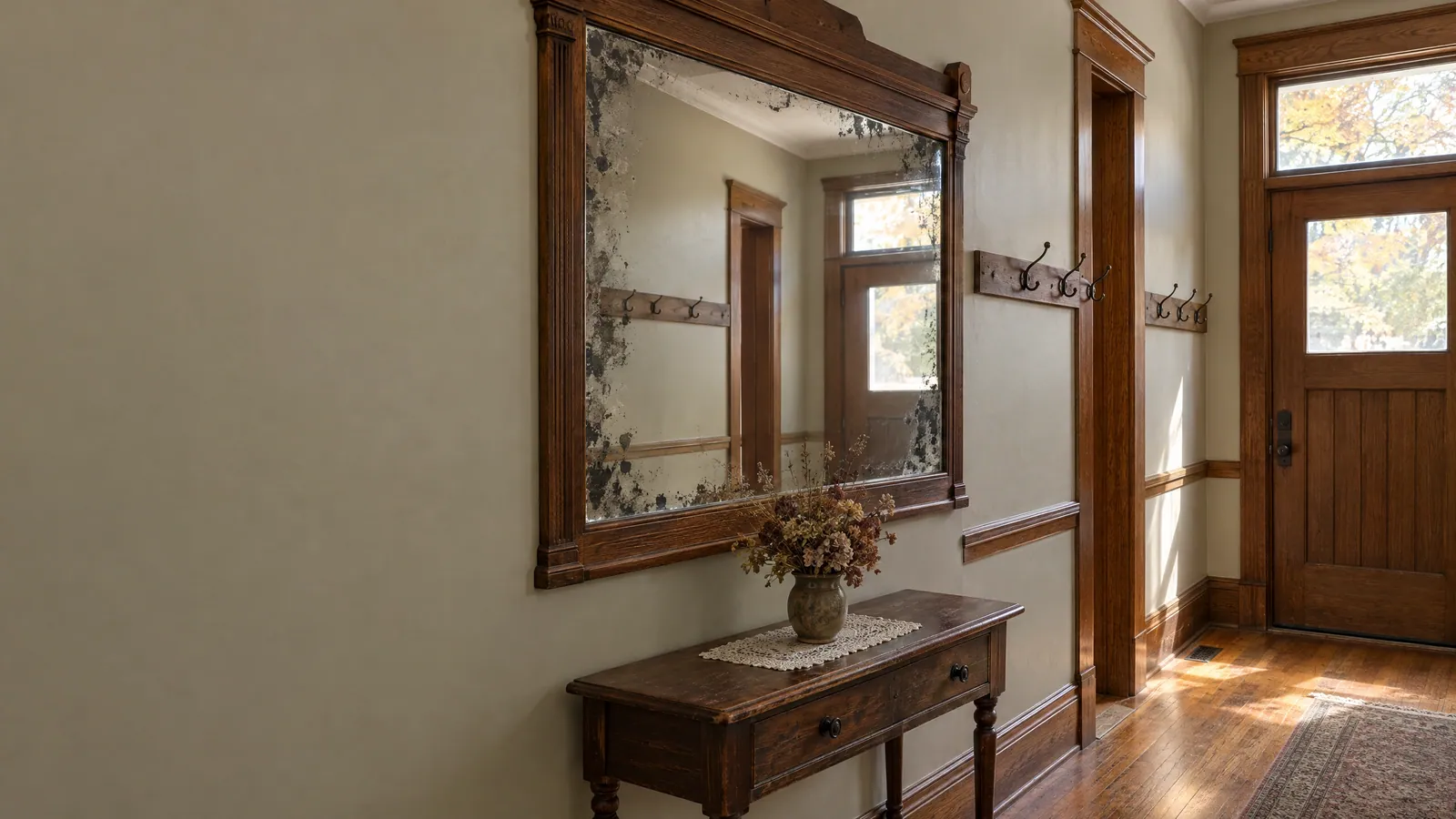 Antique oak-framed hall mirror in an older home's front hall, dark desilvered patches spreading in from the edges