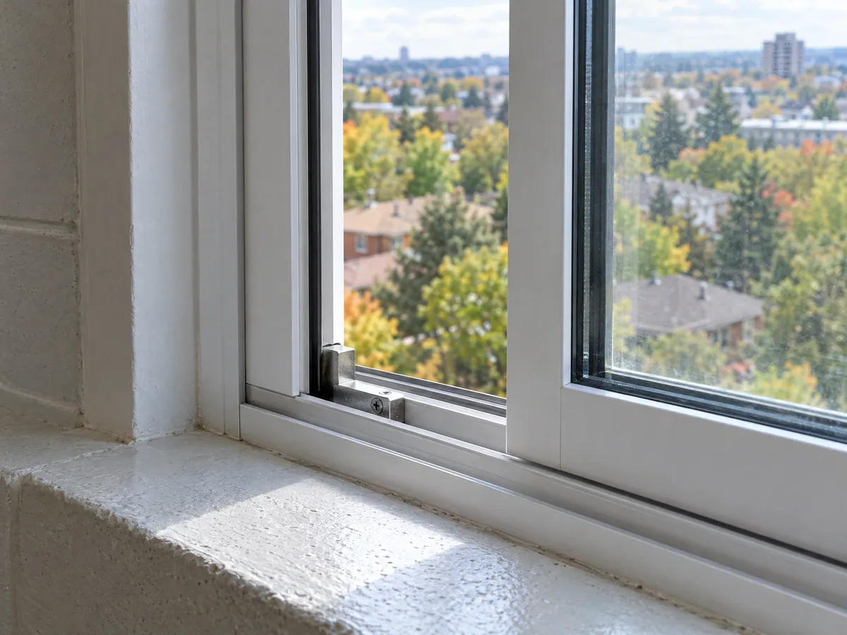 Close-up of a metal stop screwed into the track of a white apartment sliding window, holding the sash to a narrow opening high above tree-lined streets