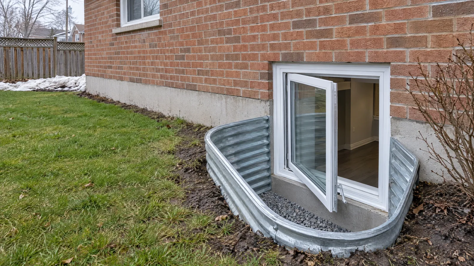 Enlarged basement casement window cranked fully open inside a galvanized steel window well beside a brick house