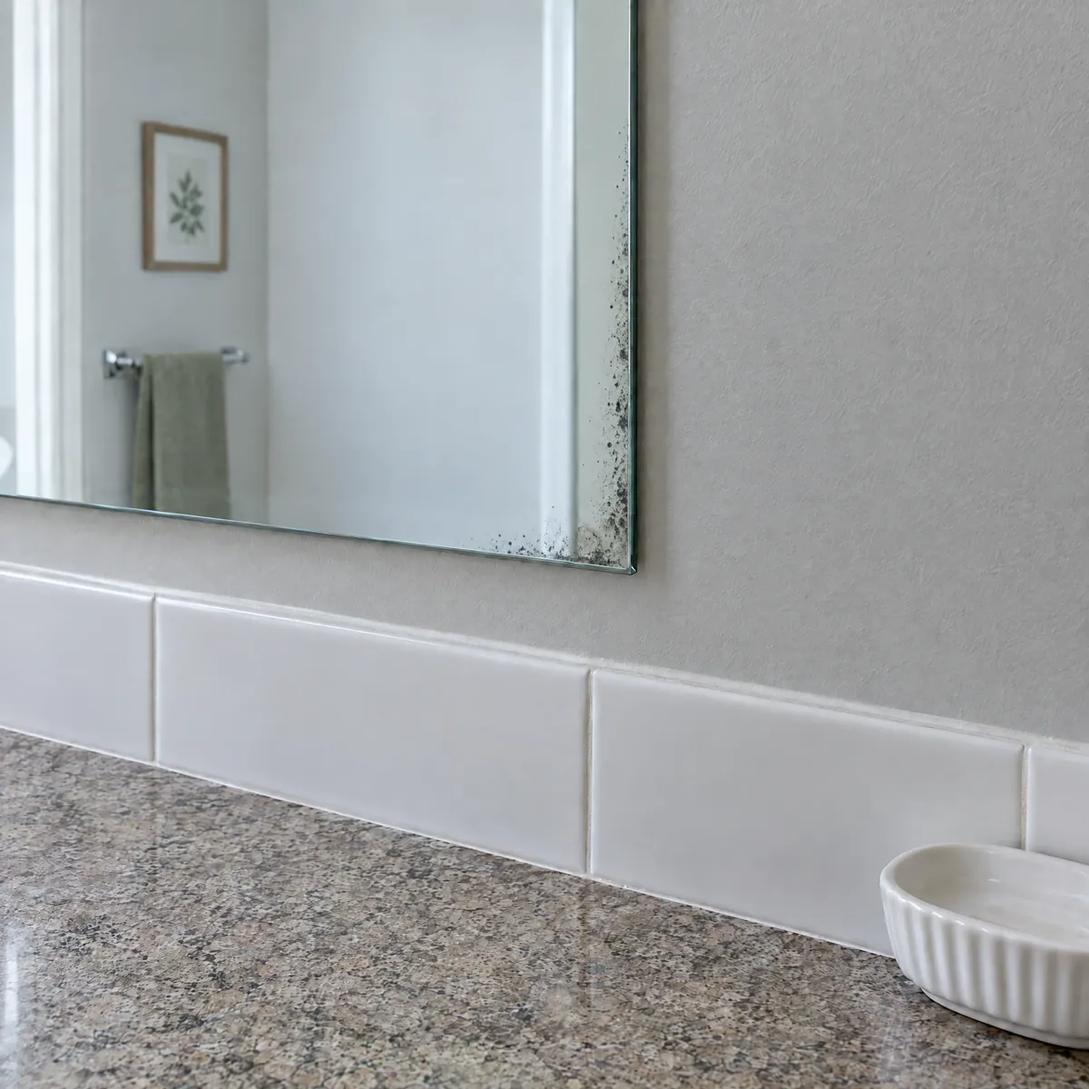 Close-up of a bathroom mirror with dark desilvering spots along its edges