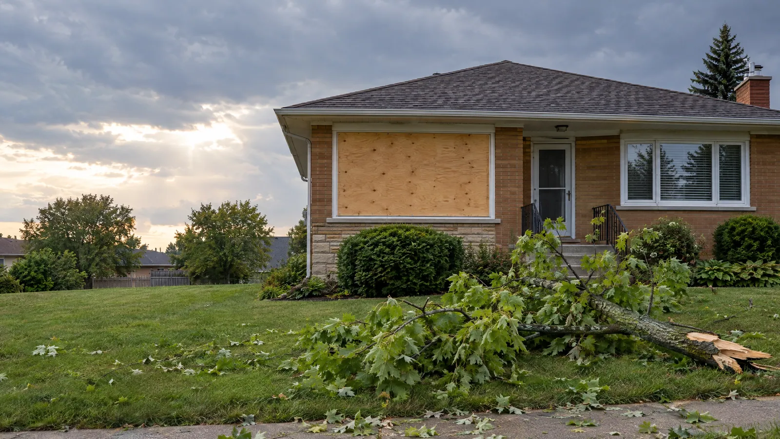 Bungalow with its front window covered in plywood after a windstorm, a fallen maple limb lying on the lawn