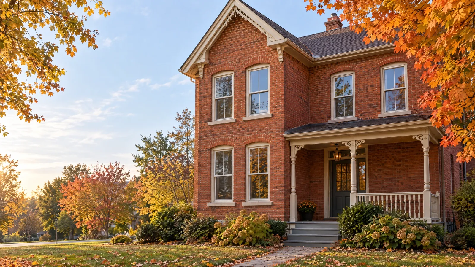 Late-Victorian red-brick house with tall two-over-two windows and a wood veranda on an autumn day