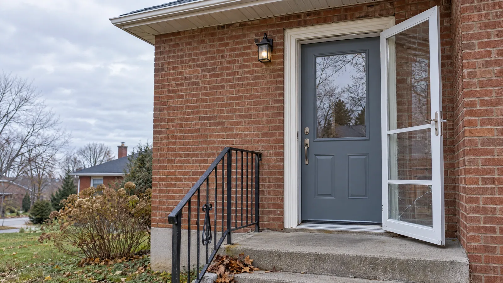 Front door with a half-lite glass insert behind an open white aluminum storm door, on a 1940s brick house