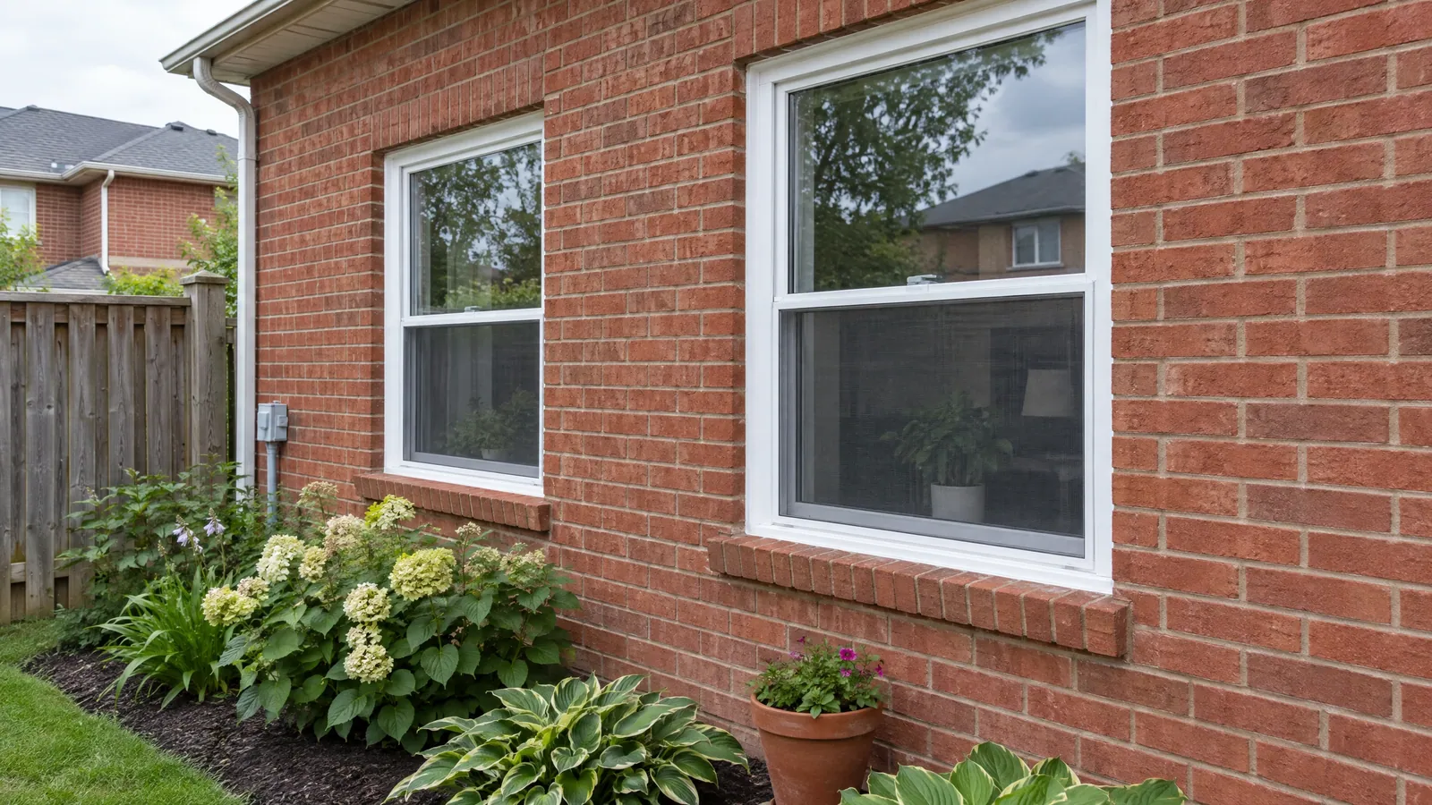 White single-hung windows in a red brick wall, each with a new screen fitted over the lower sash