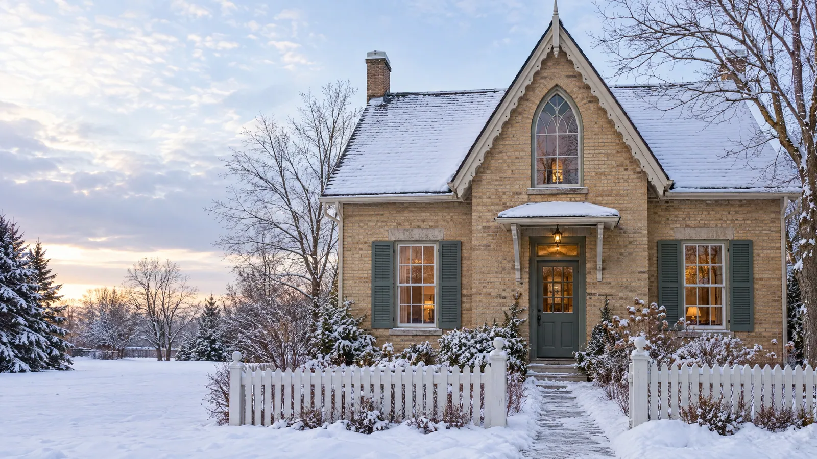 Buff-brick Gothic Revival cottage in snow, with a pointed gable window and six-over-six wood windows