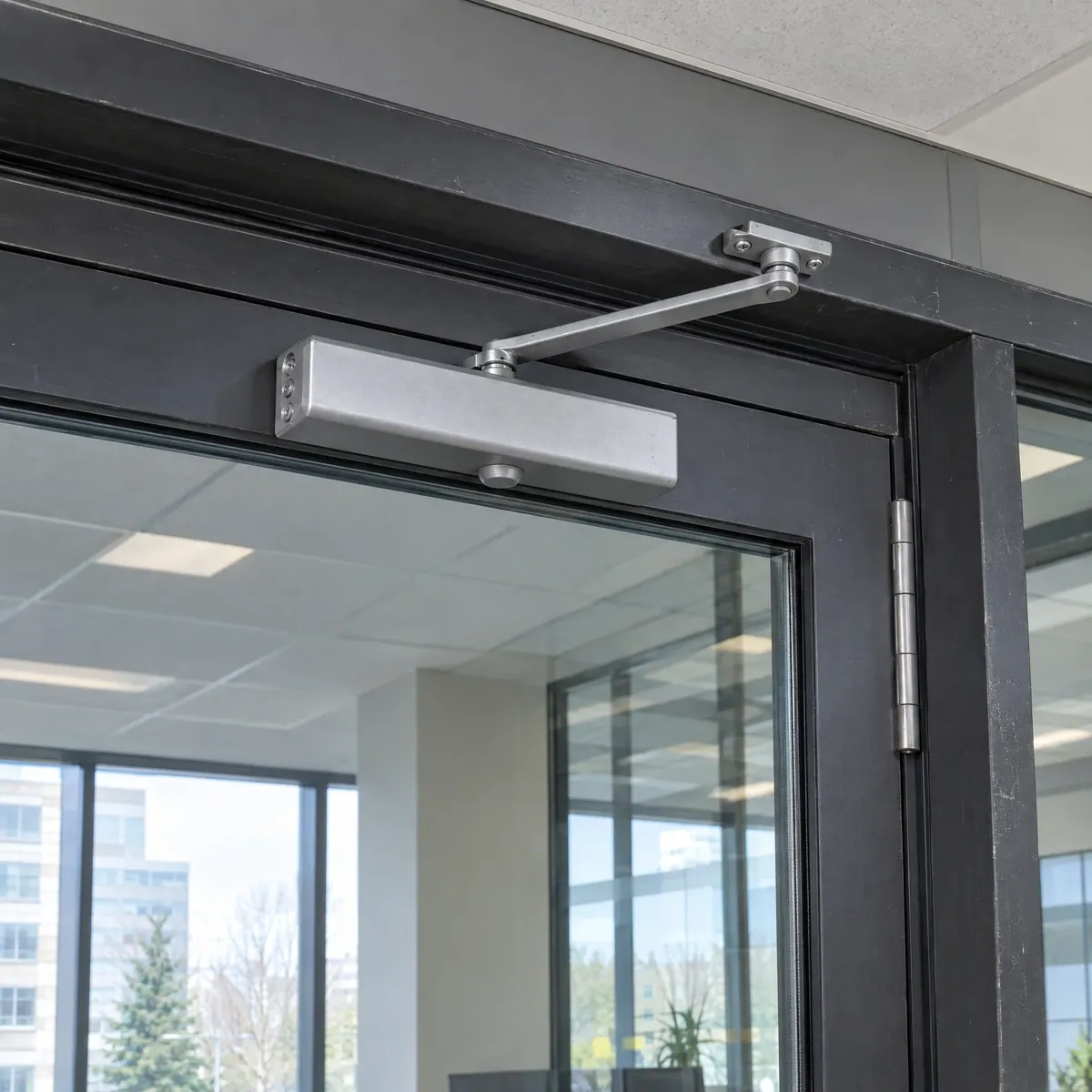 Close-up of a new door closer on a commercial aluminum glass door