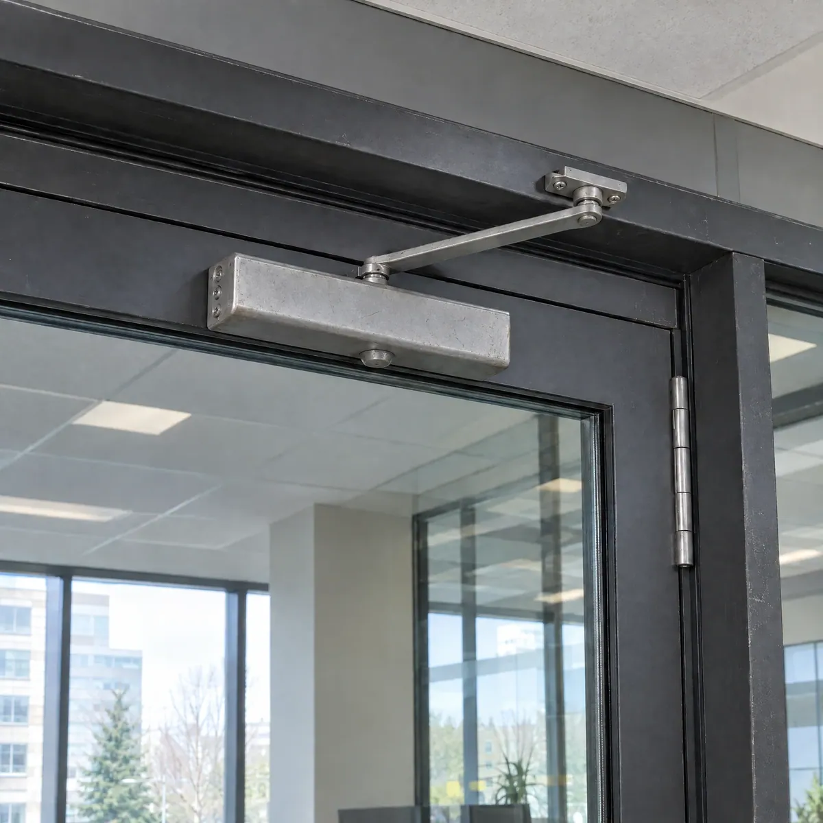 Close-up of a worn, scuffed door closer on a commercial glass door