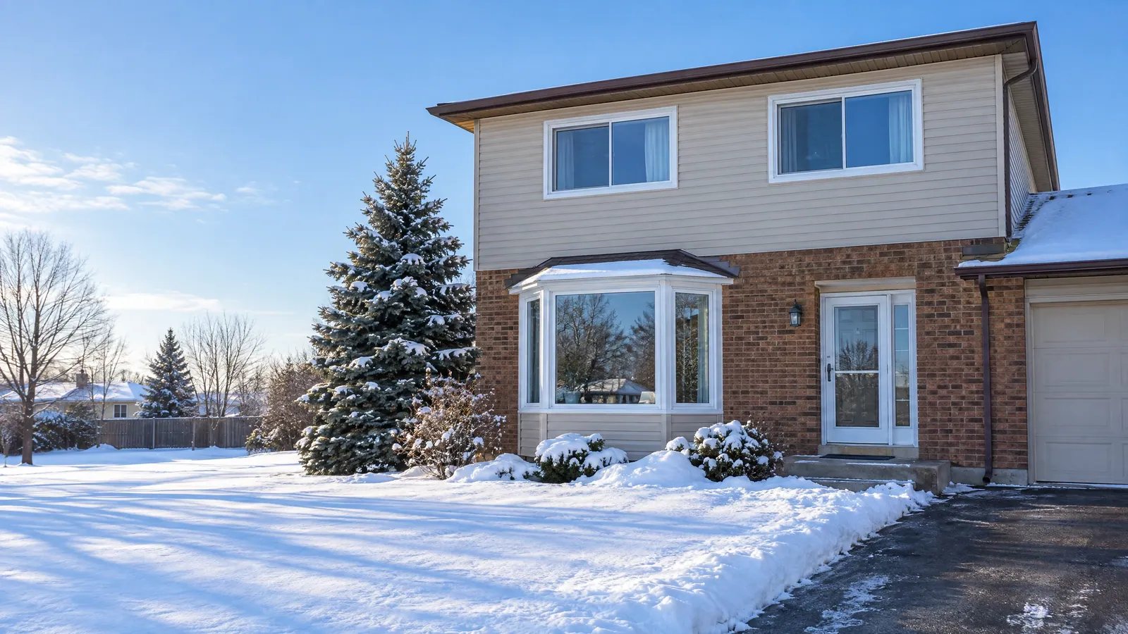 Mid-1980s brick and siding house with a bay window and sliding windows after a fresh snowfall