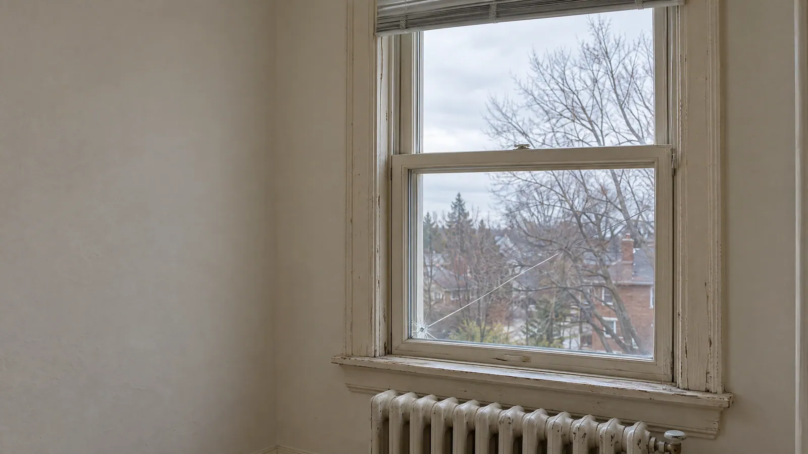 Painted wood double-hung window in an older house with a diagonal crack running across the lower pane