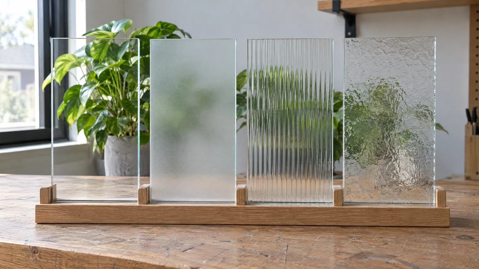Four glass samples standing in a wooden holder, left to right clear, frosted, reeded and textured, with a houseplant blurred behind them