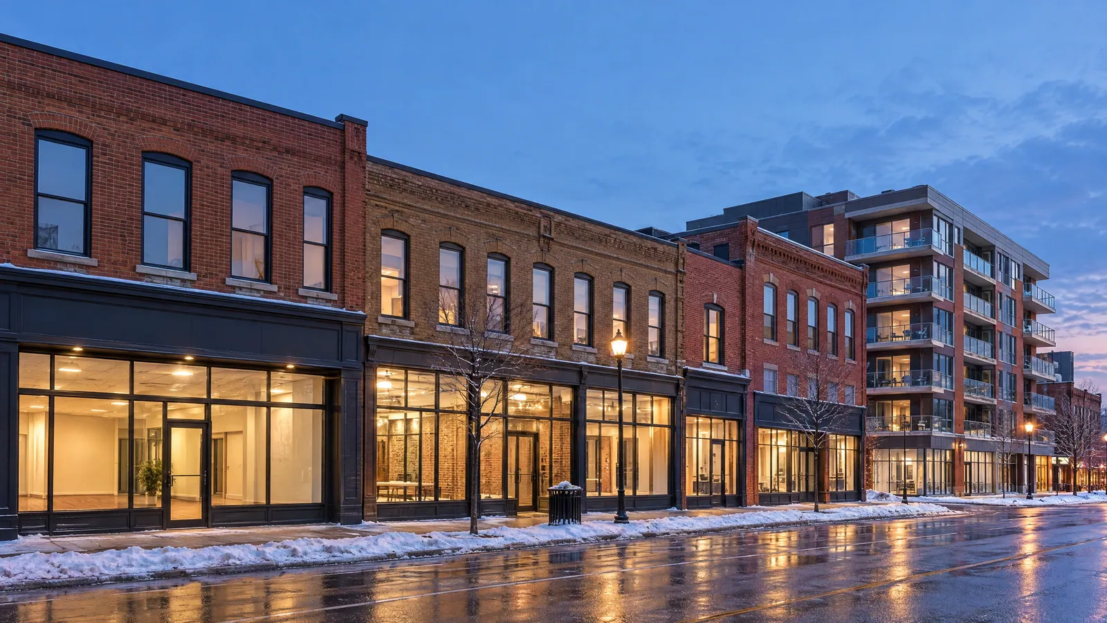 Heritage brick storefronts on a downtown street at winter dusk, a newer mid-rise behind them
