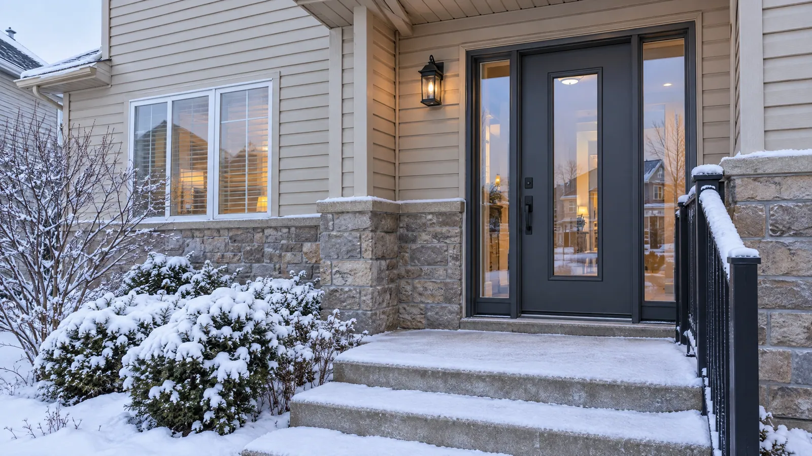 Dark grey fibreglass front door with a glass insert and a sidelight on each side, on a snowy 2000s house