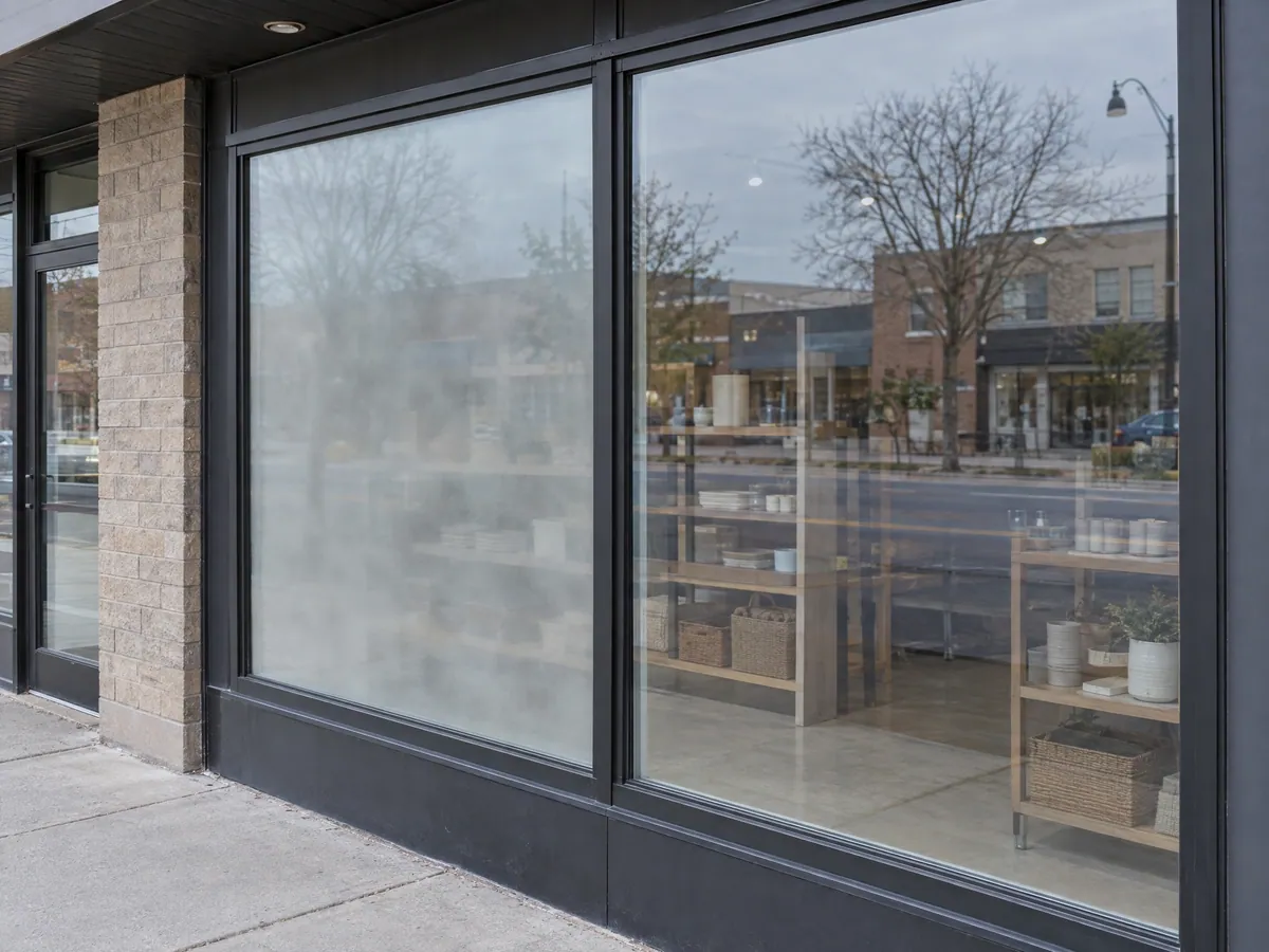 Dark-framed storefront window where the left insulated glass unit is misted over while the unit beside it stays clear