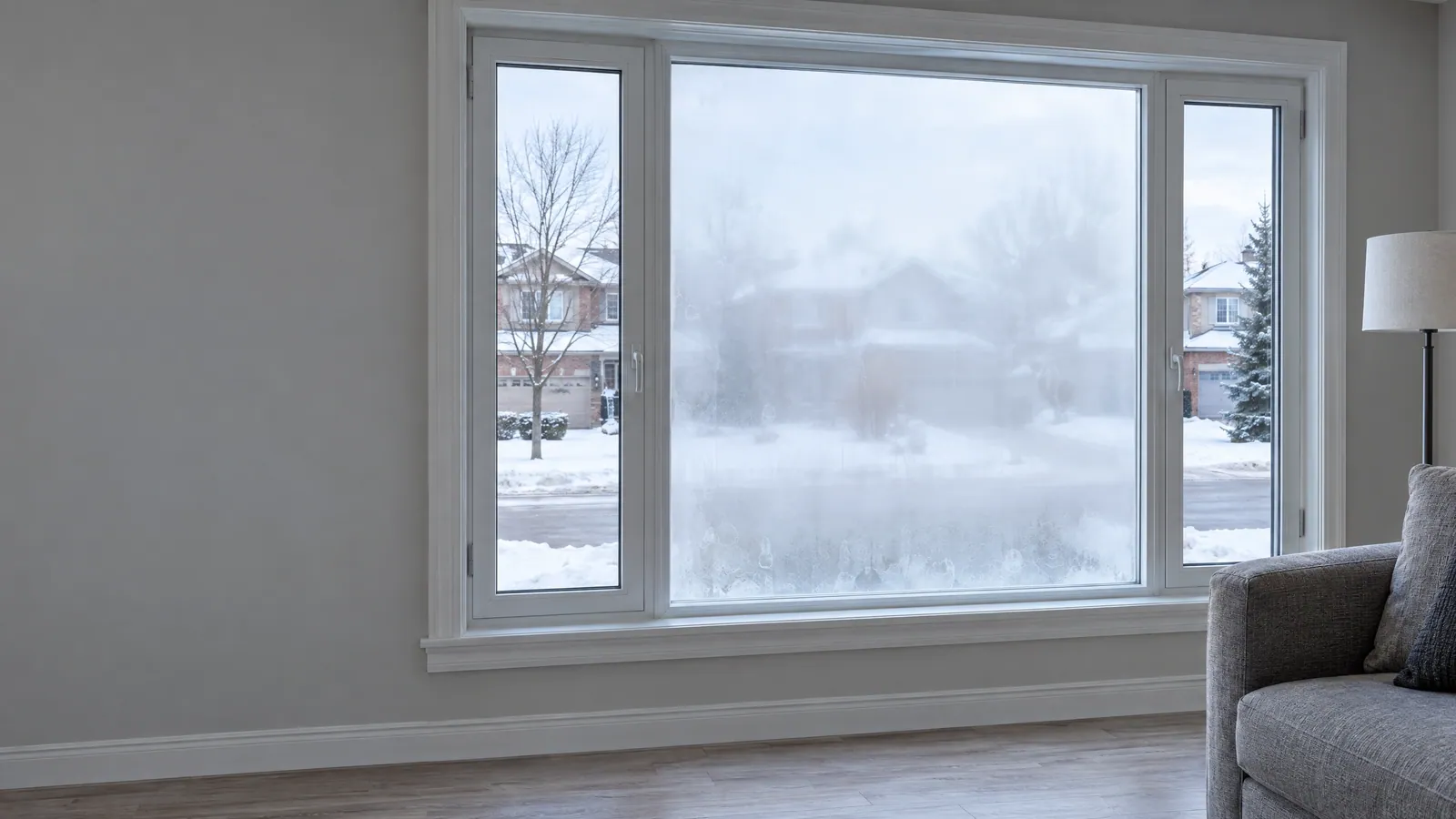 Living room picture window in a 1990s house with a hazy, fogged centre pane between two clear casements and snow outside