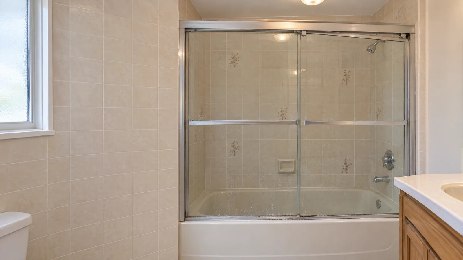 Framed sliding glass doors over a white tub in an almond-tiled 1980s bathroom, the glass spotted with mineral marks and one panel hanging slightly crooked