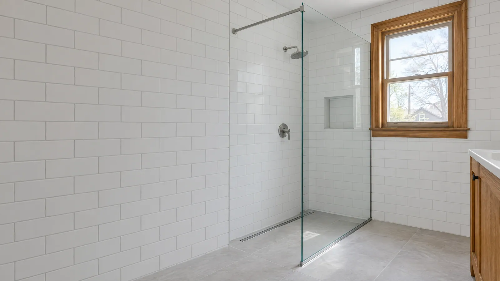Frameless clear glass walk-in shower panel braced by a support bar to the wall, in a renovated bathroom with white subway tile and a wood-trimmed window