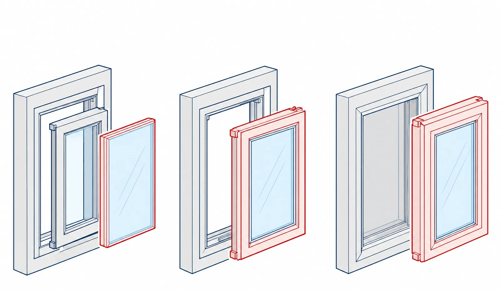 Exploded illustration of three windows: a new glass unit coming out of an existing sash, a new sash coming out of an existing frame, and a complete insert window sliding into an existing opening, with the new parts outlined in red