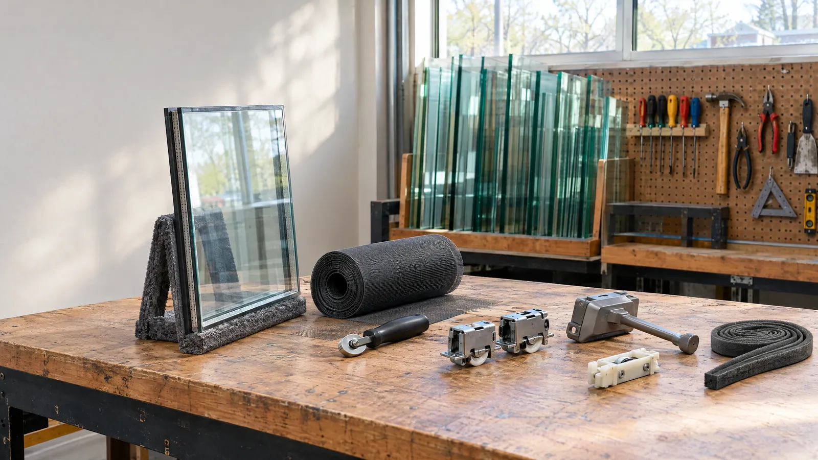 Workbench with a sealed glass unit, screen mesh, patio-door rollers, a crank operator and weatherstripping