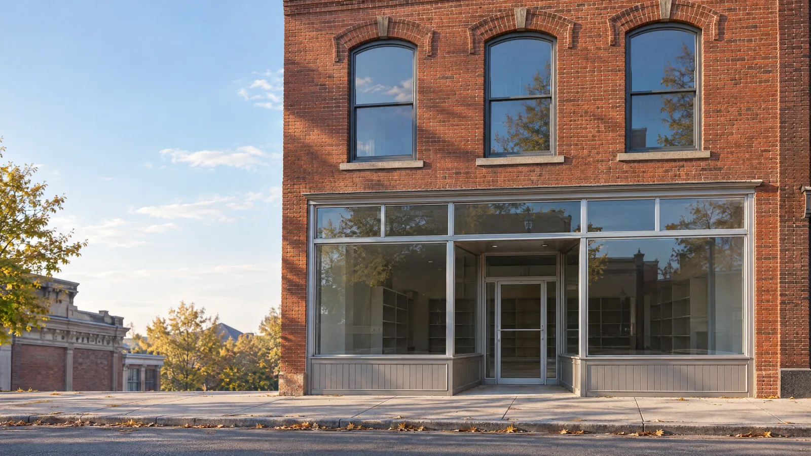 Two-storey red brick storefront with a recessed glass entrance, wide aluminum-framed display windows and three arched windows on the upper floor