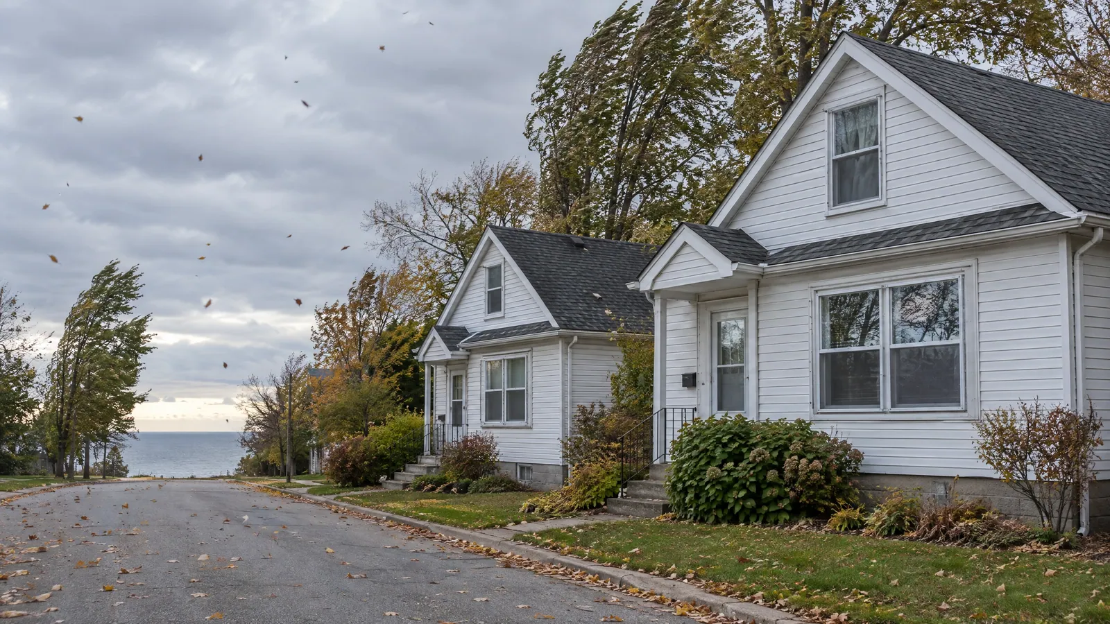 Storey-and-a-half houses with storm windows over their sashes, on a street of wind-bent autumn trees