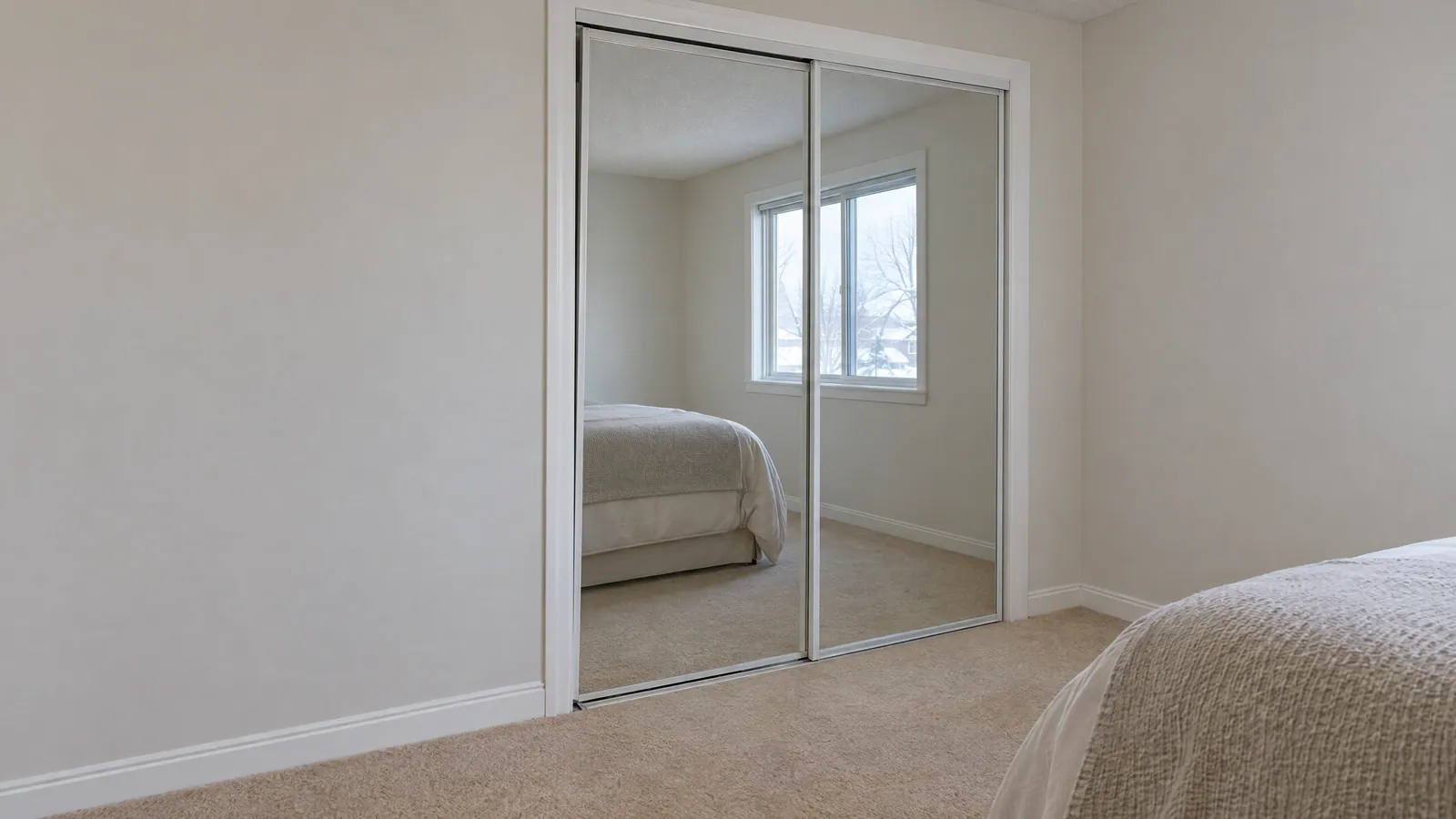 Two mirrored sliding closet doors in a bedroom with beige carpet, the right-hand door sitting skewed where it has slipped off its bottom guide