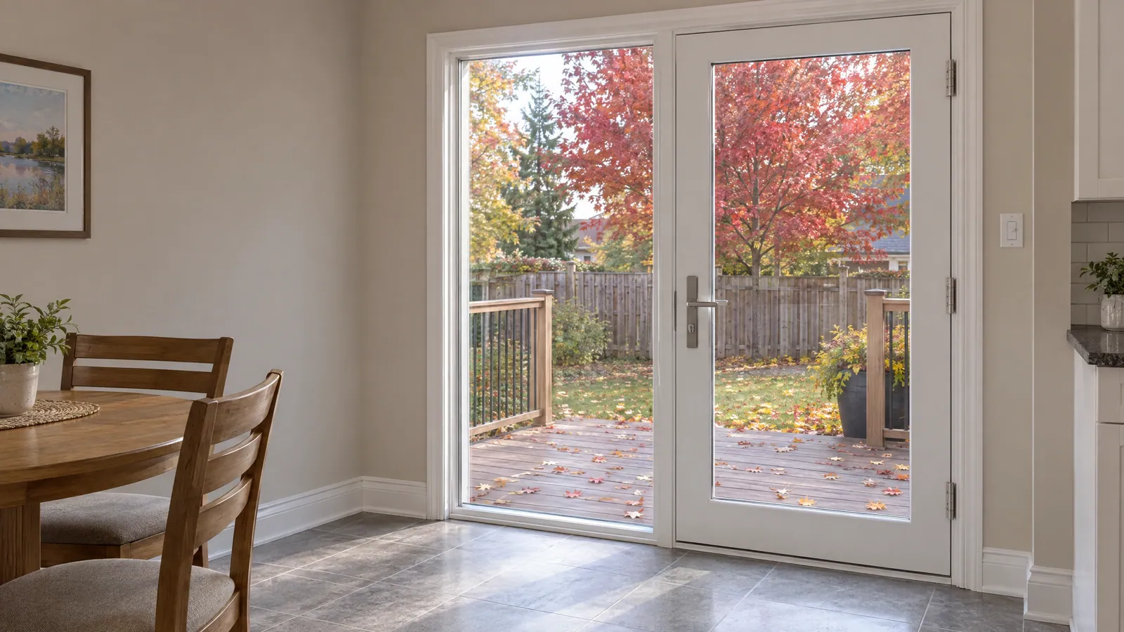 Newly installed white hinged garden door beside a fixed glass panel, opening from a dinette onto a deck scattered with autumn leaves