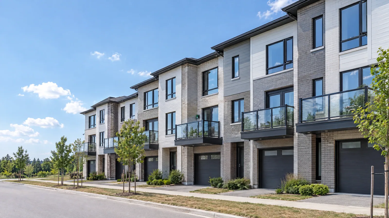 A row of new three-storey townhomes with black-framed windows and young street trees in late-summer light
