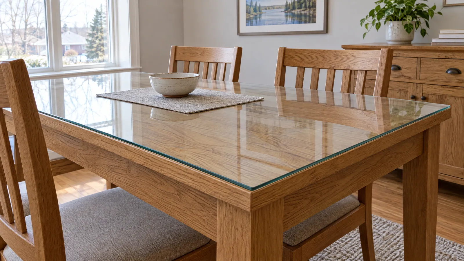 Oak dining table with a clear protective glass top with rounded corners, a bowl on a placemat, and wooden chairs pulled in around it