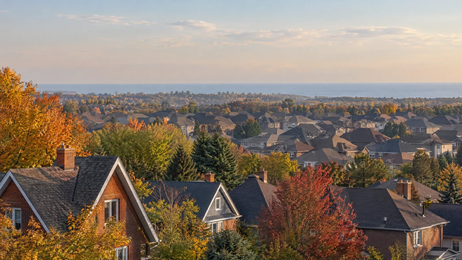 Autumn view over the rooftops of an older neighbourhood, with newer subdivision streets beyond and a hazy lake on the horizon