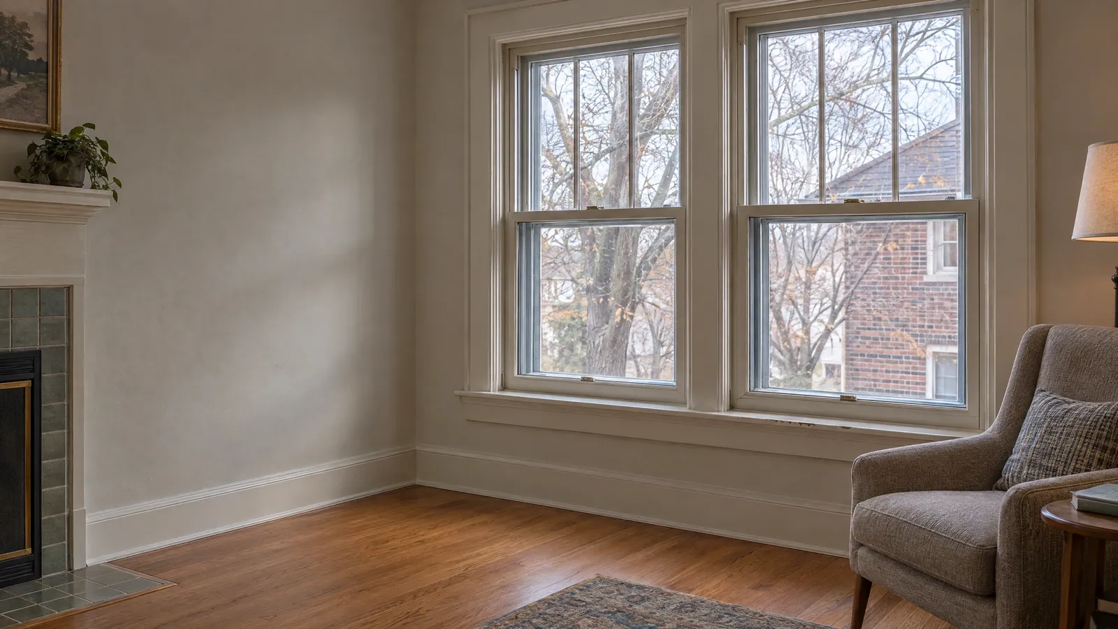Pair of original painted wood double-hung windows in an older living room, with worn paint along the sill, bare trees and a brick house outside