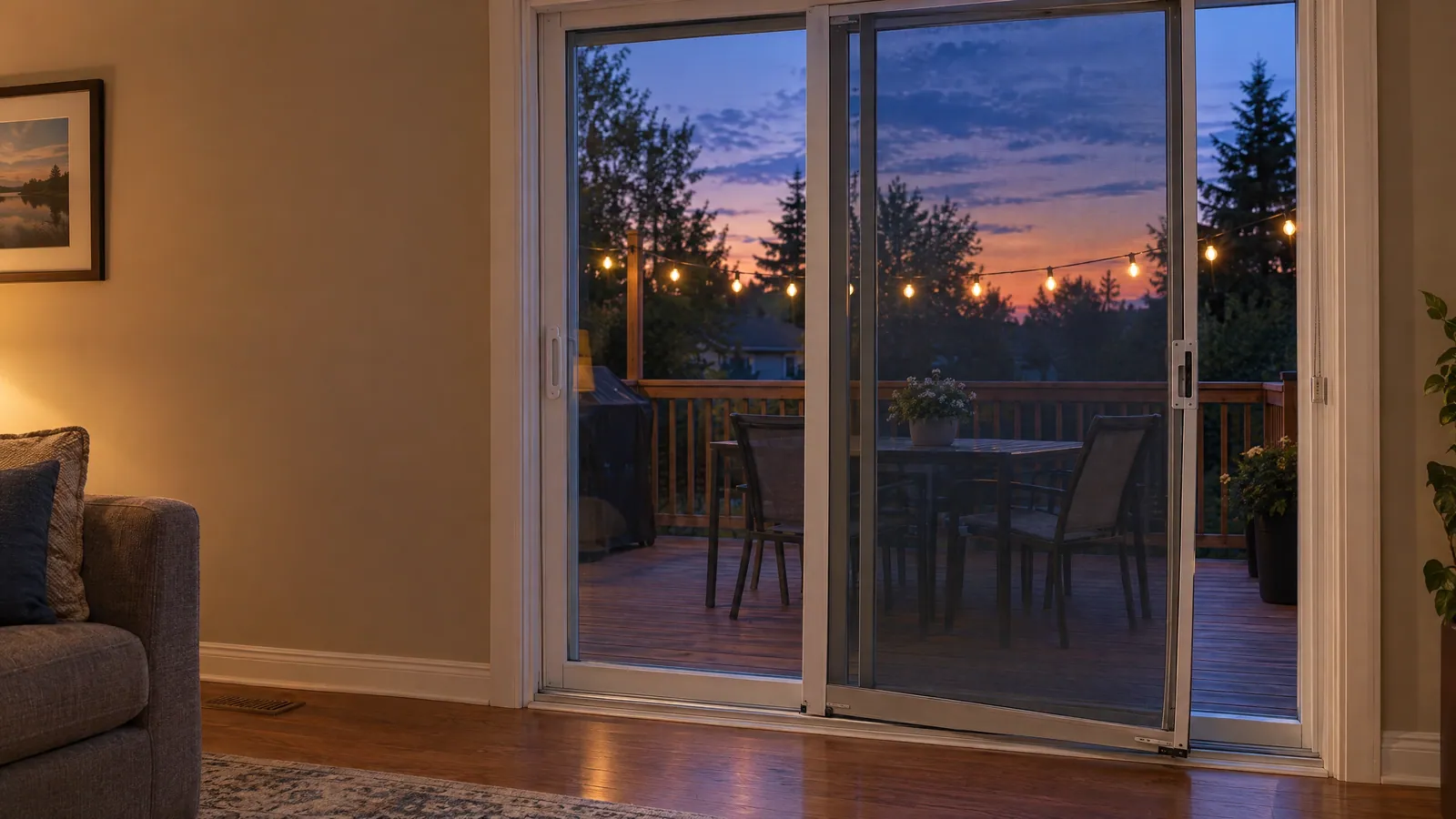 Aluminum patio screen door off its bottom track at dusk, the glass door open behind it
