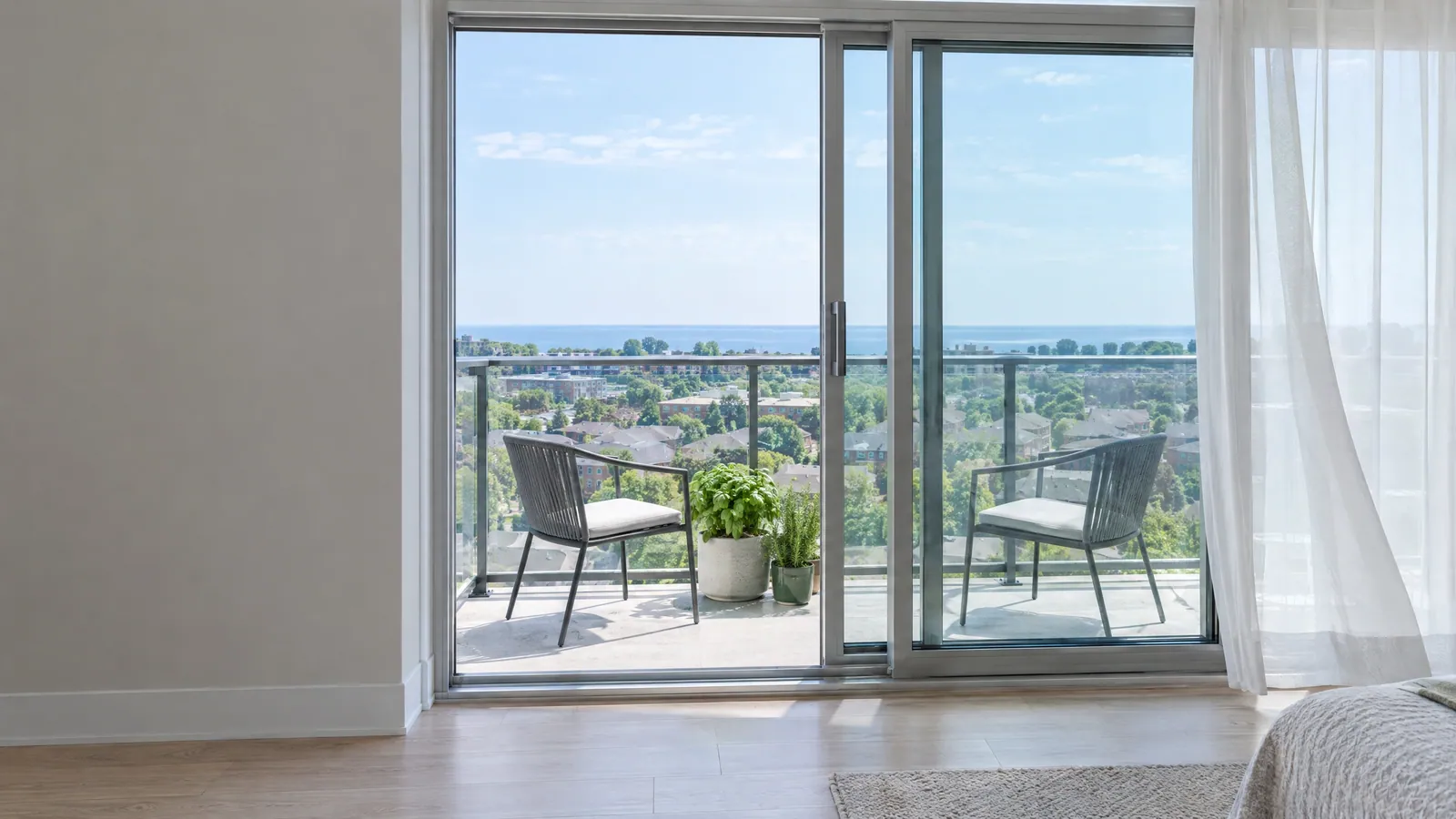 Condo suite with its aluminum balcony sliding door open onto a glass-railed balcony and a hazy lake view
