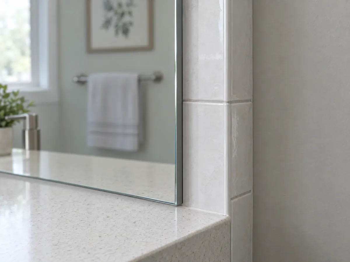 Close-up of a frameless bathroom mirror with a flat-polished edge set against a white tile return, above a white quartz vanity top