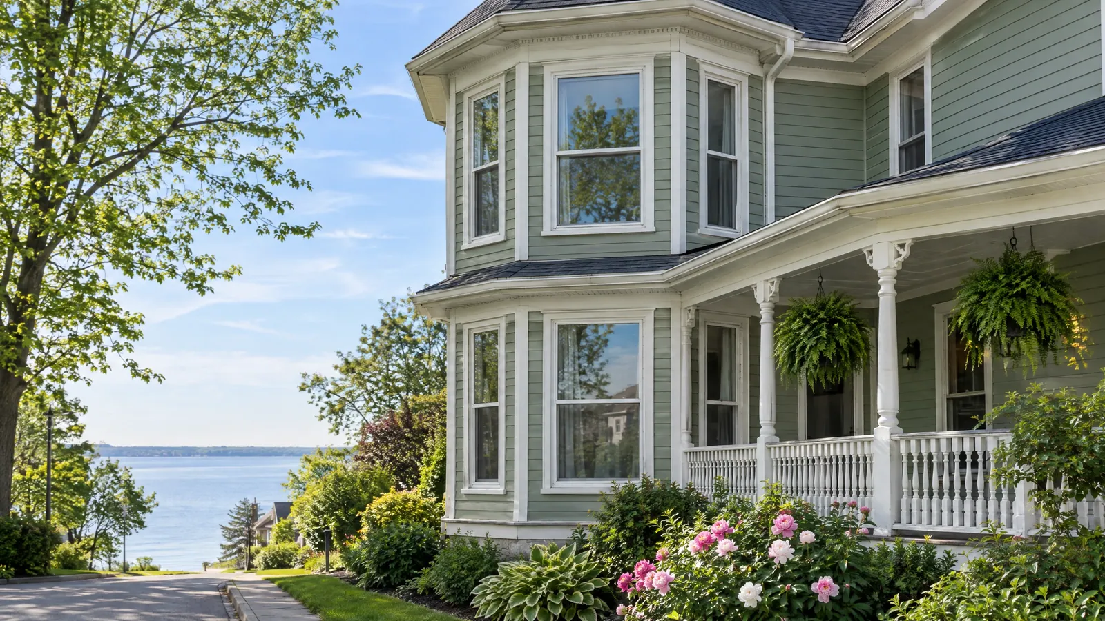 Green clapboard Victorian house with a two-storey bay of tall wood windows and a covered porch in early summer