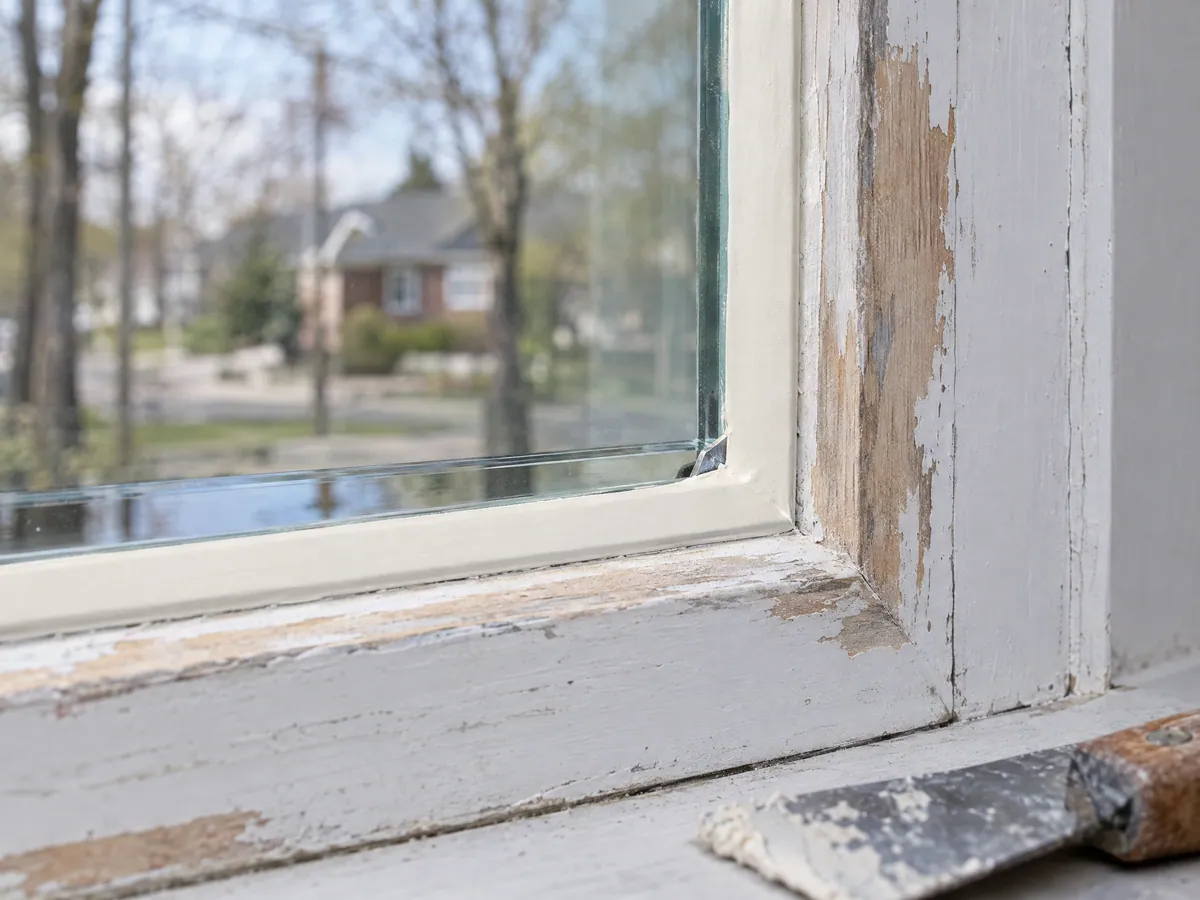 Close-up of a freshly reglazed wood window sash with a smooth bevel of new glazing putty and a small metal glazier's point