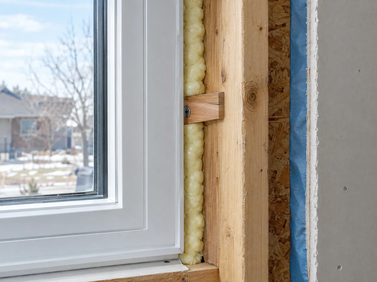 New white vinyl window jamb set on cedar shims, with low-expansion foam filling the gap to the rough opening before the trim goes on