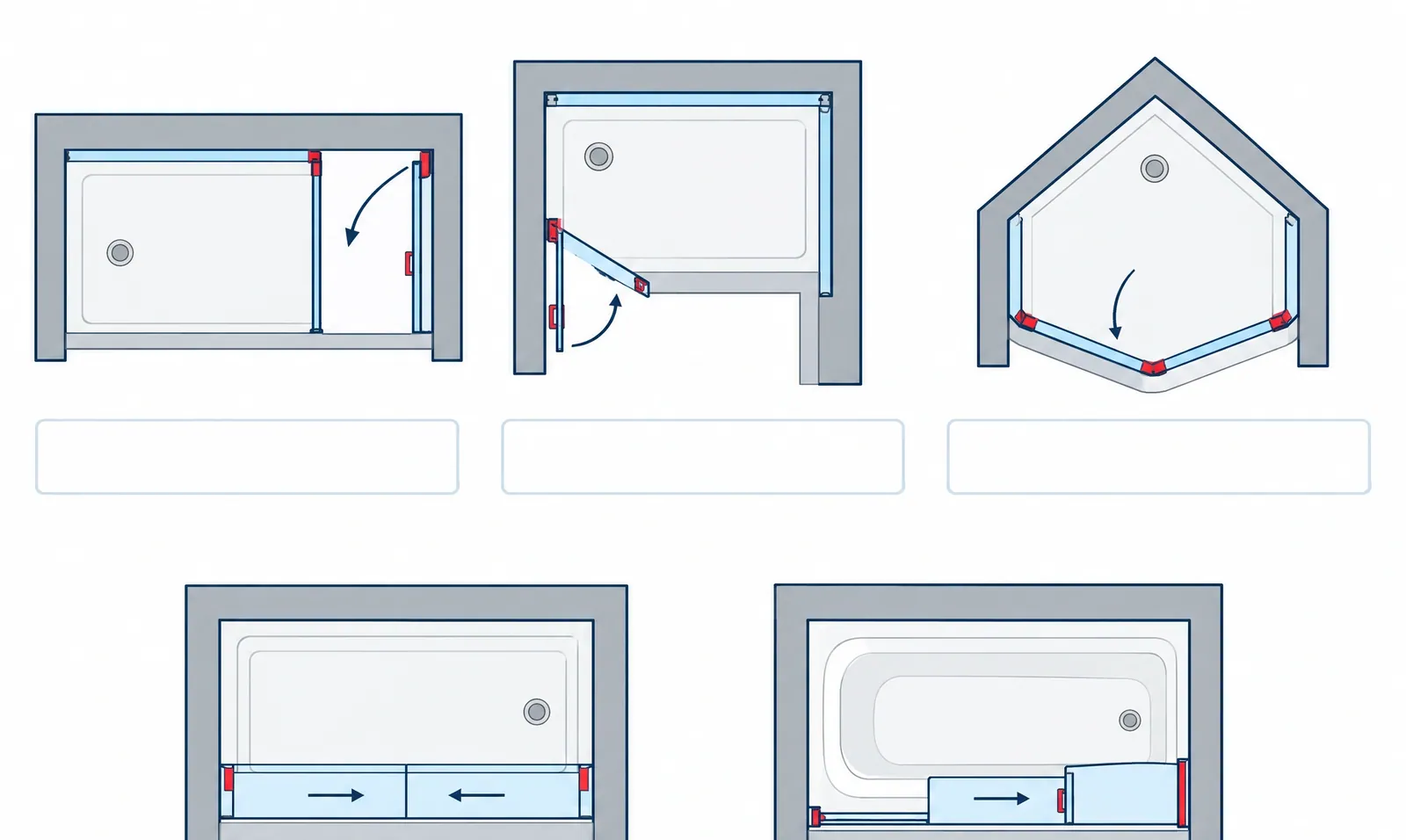 Plan-view diagram of five shower layouts: hinged alcove door, corner, neo-angle, alcove bypass sliders and a tub slider