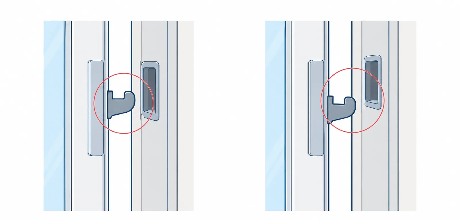 A latch hook catching its keeper, beside one too low to reach it