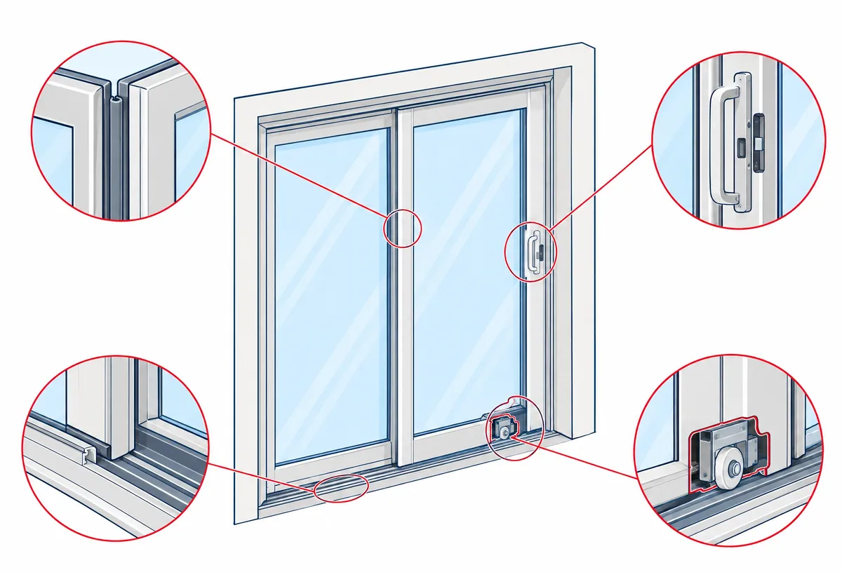 Sliding patio door with close-ups of its interlock, latch, track and roller