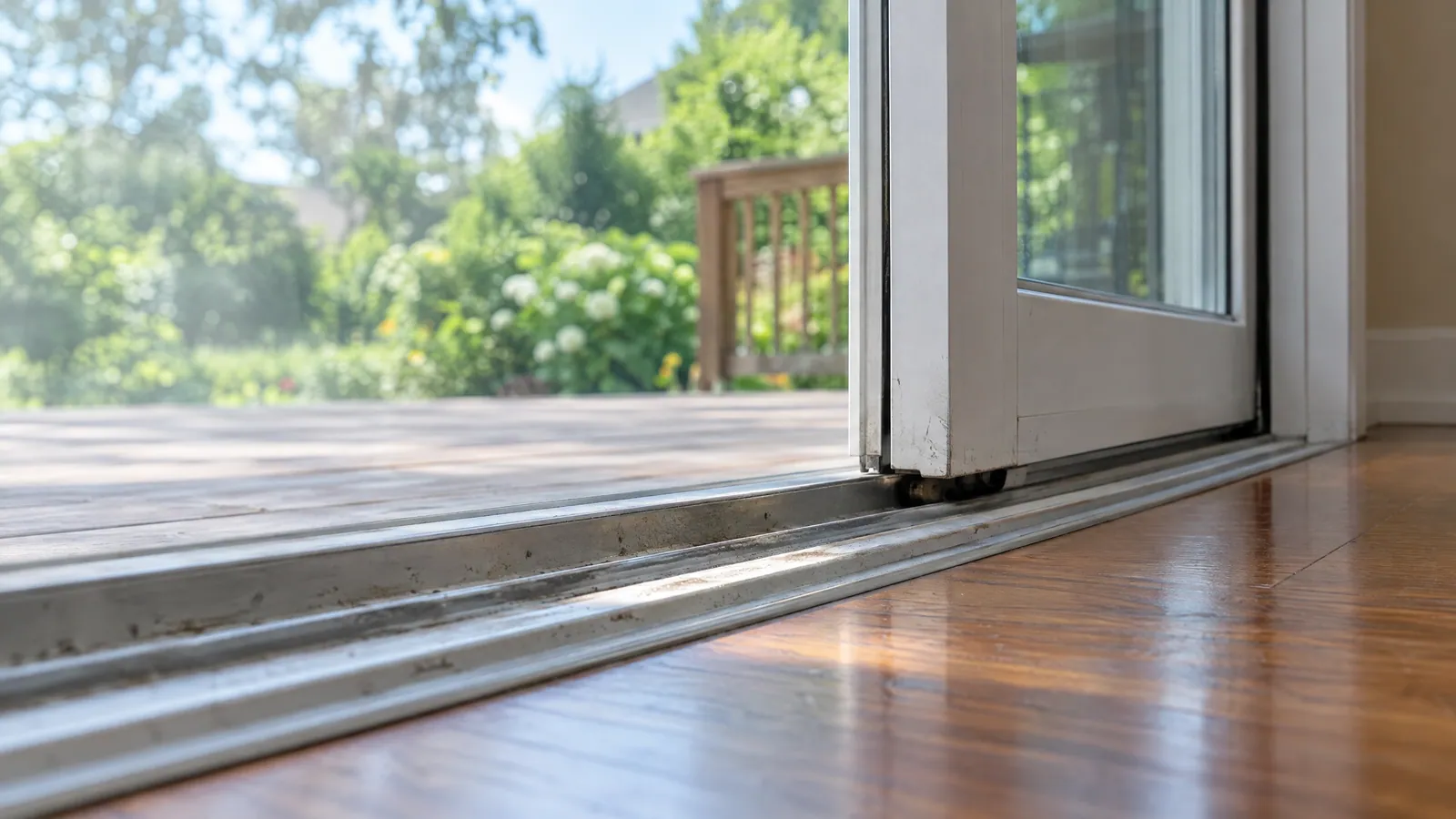Floor-level view of a sliding patio door's worn bottom track, the panel open onto a summer deck
