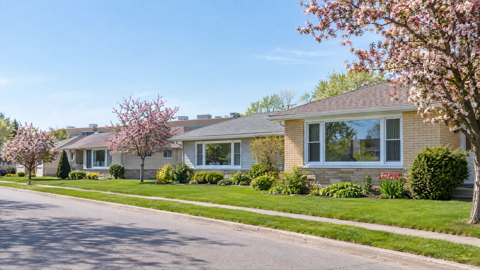 Single-storey ranch bungalows with wide picture windows and crabapple trees in pink bloom