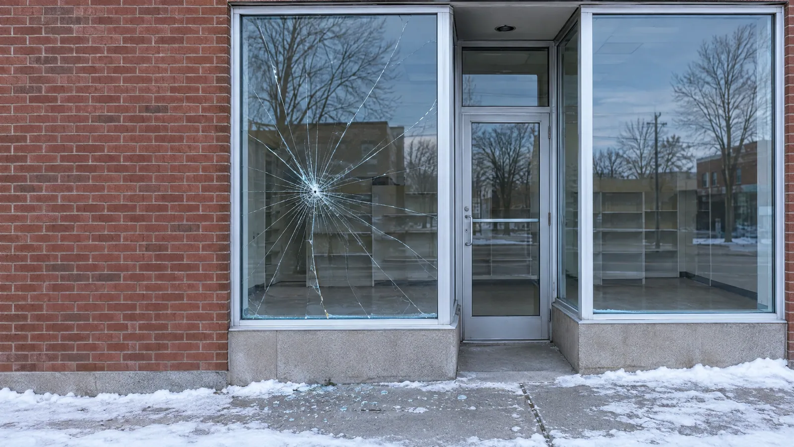 Red brick storefront with a starburst impact crack in one display window, the door and second pane intact, and glass fragments on the snowy sidewalk
