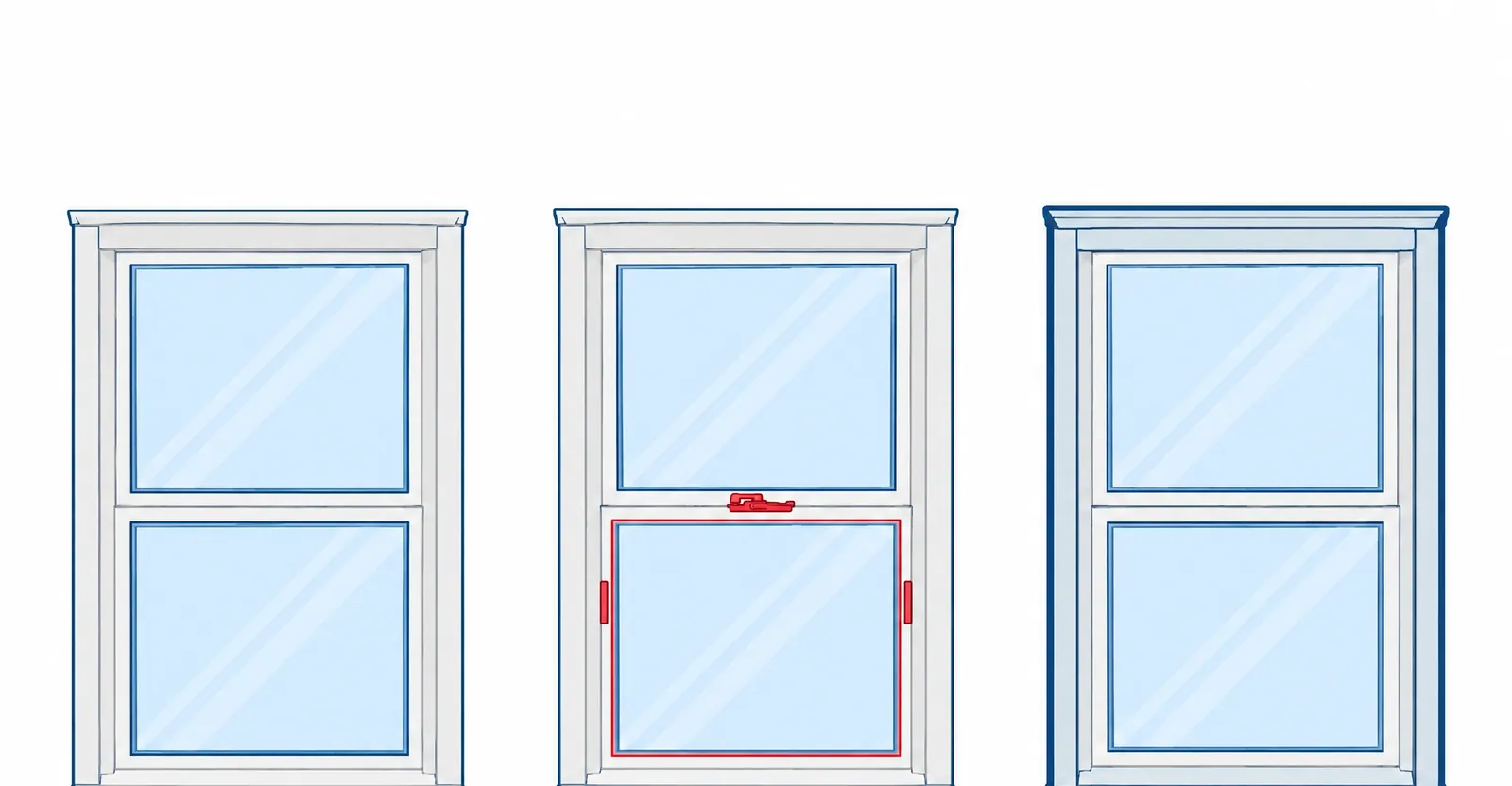 Illustration of three double-hung windows side by side: the first with only its glass highlighted, the second with the lower sash and sash lock outlined in red, the third with the whole frame outlined