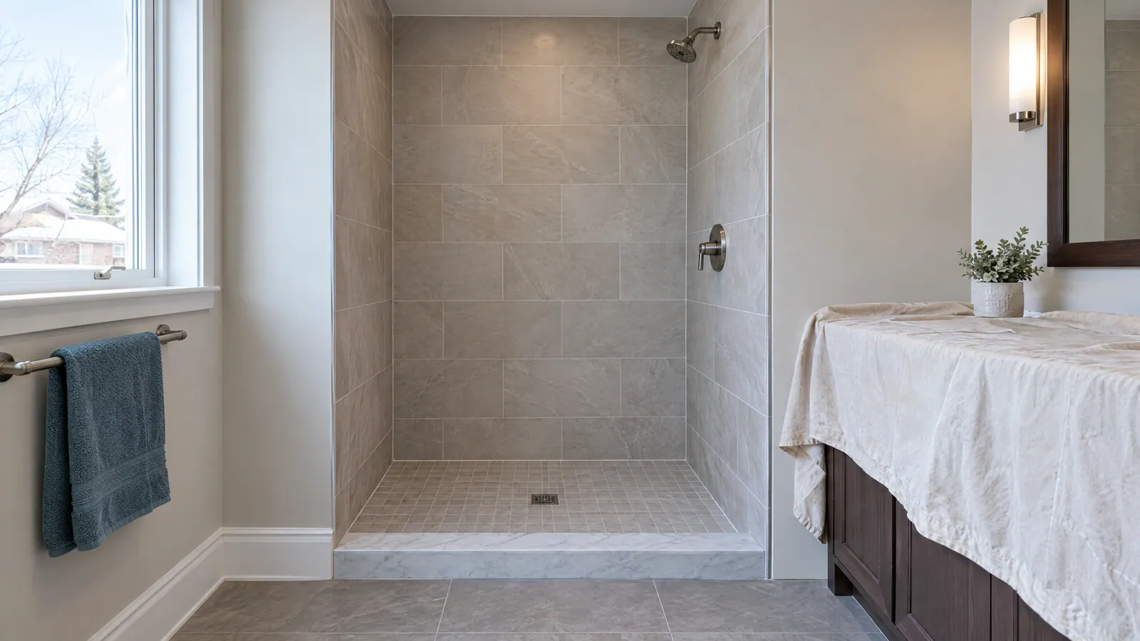 Newly tiled walk-in shower with a marble curb and an open front, waiting for its glass enclosure, beside a vanity covered with a drop cloth