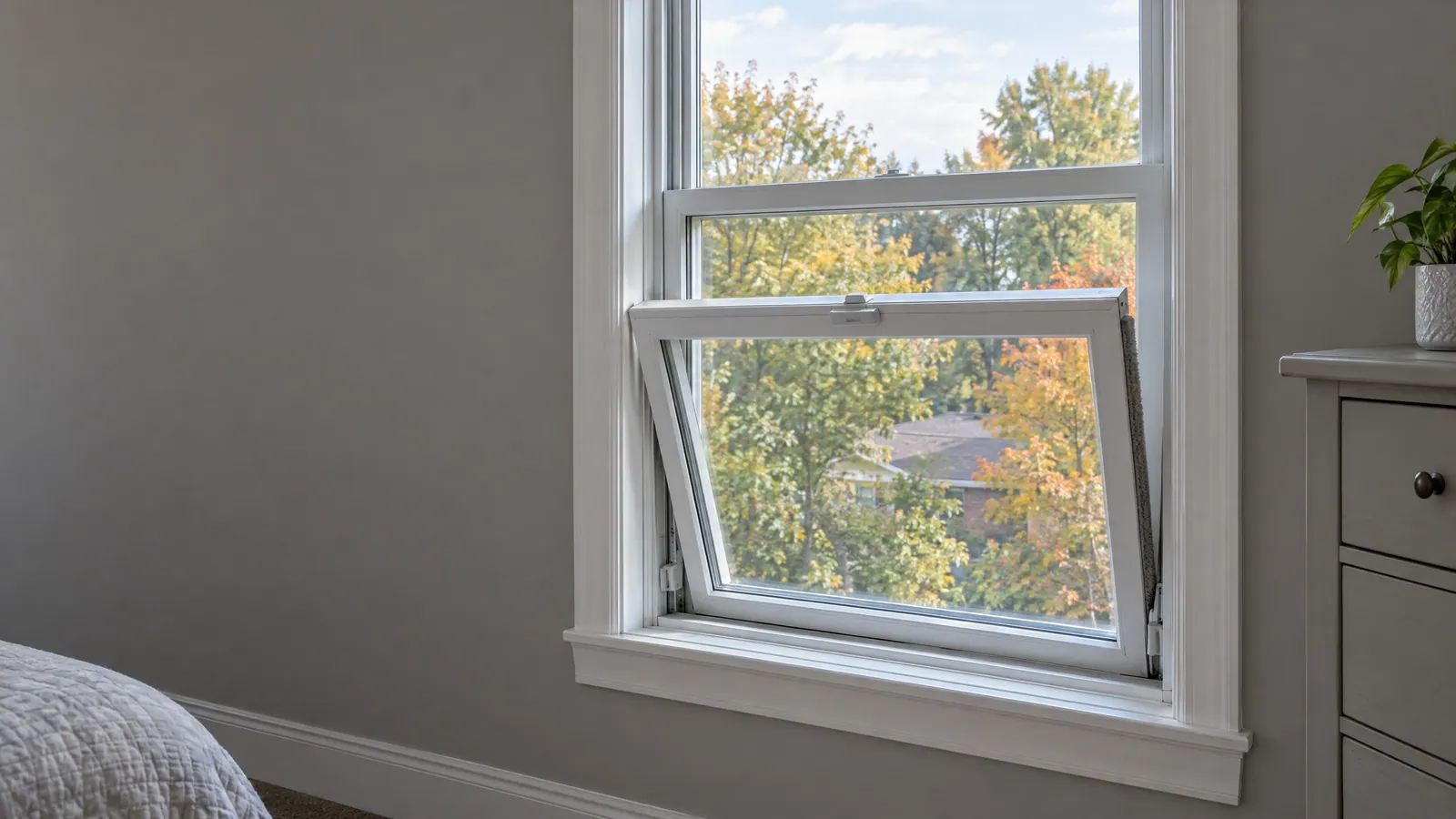 White vinyl double-hung window with the lower sash tilted inward, showing the jamb track, a balance shoe and the weatherstripping