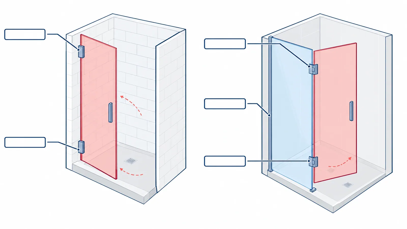 Diagram of two shower doors: one hung on hinges screwed into the tiled wall, the other hung on glass-to-glass hinges from a fixed glass panel with a support bar