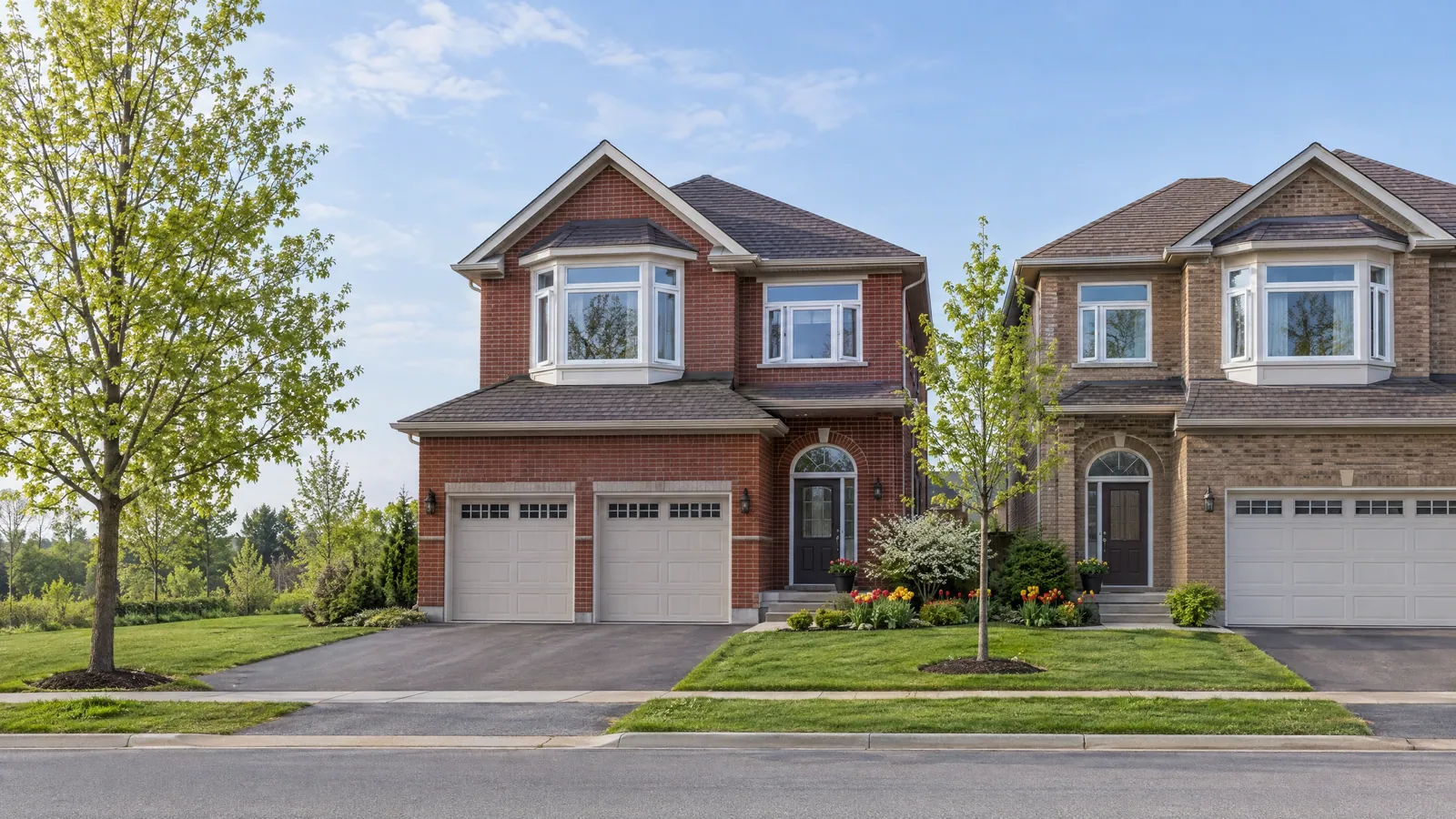 Two-storey brick subdivision homes with white casement and bay windows along a quiet street in spring