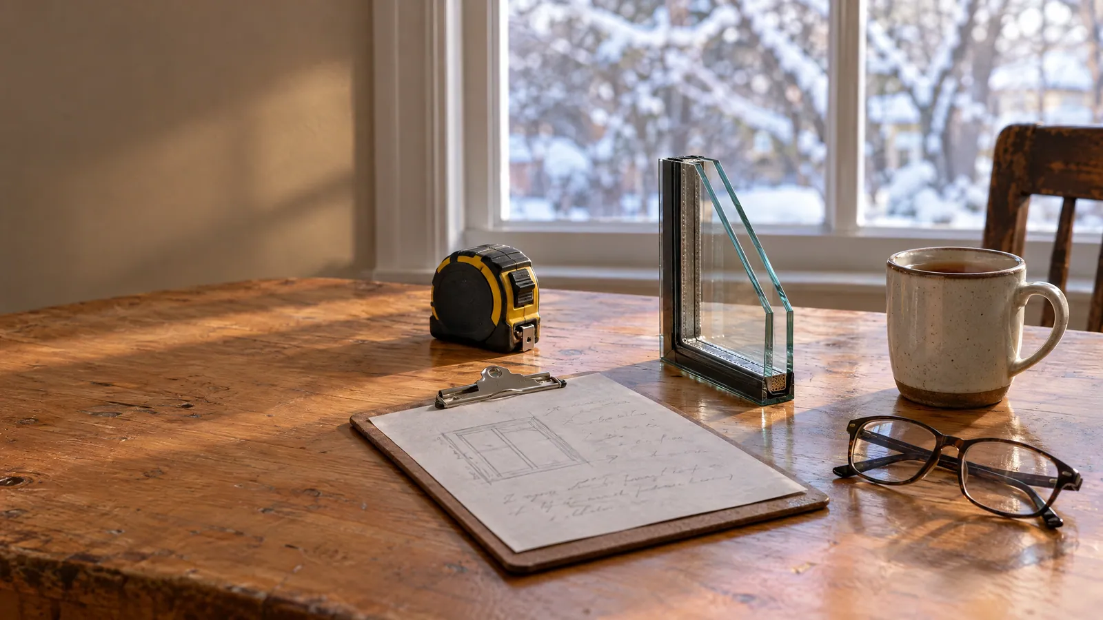 Wooden kitchen table with a tape measure, a clipboard with a pencil sketch of a window, a double-pane sealed unit sample, a mug and reading glasses, snowy trees outside the window